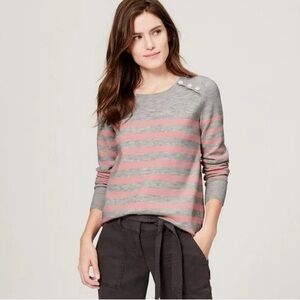 LOFT Gray & Pink Striped Button Shoulder Knit Sweater Women's Casual